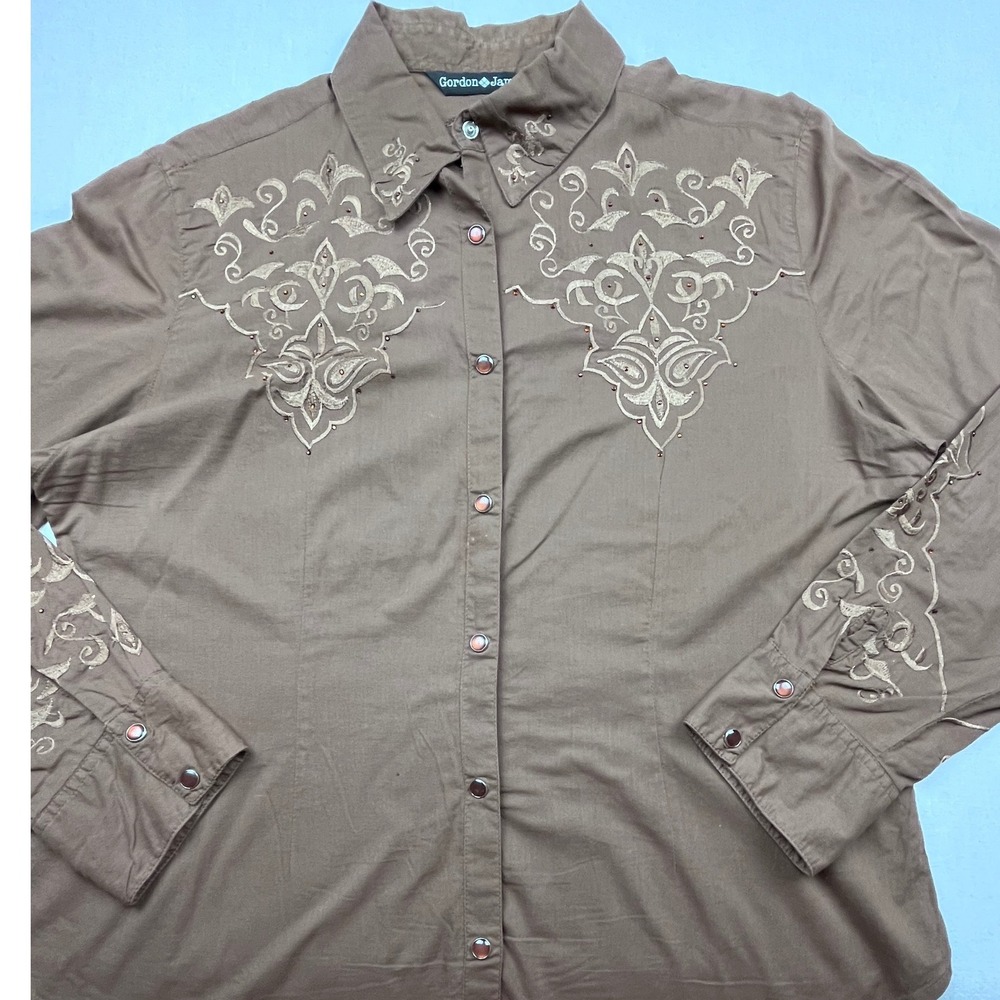 Gordon James Brown Embroidered Western Snap Button Shirt Womens XL Cotton